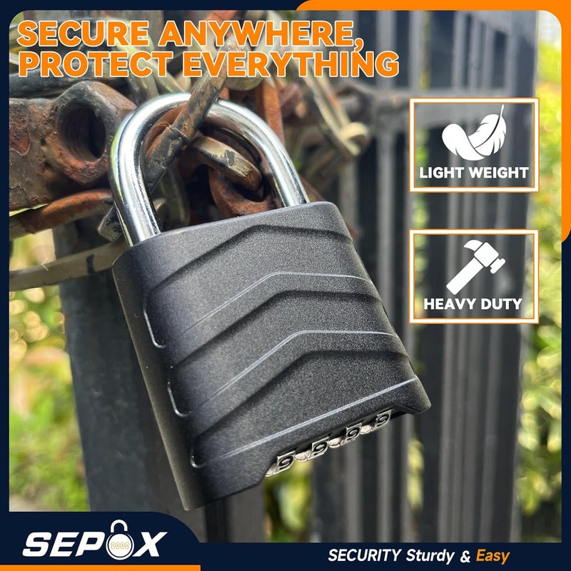 SEPOX 2PCS Large Combination Padlock, Outdoor Combo Lock 2.2" 55mm Heavy Duty Weatherproof, Ressetable 4 Digital, Security Aluminum Body, Uncuttable Shackle, for Warehouse, Home, School, Gate, Garden - Image 5